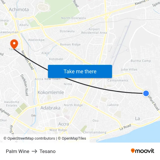 Palm Wine to Tesano map