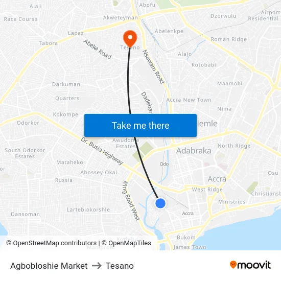 Agbobloshie Market to Tesano map