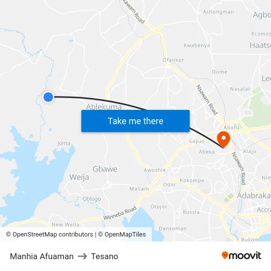 Manhia Afuaman to Tesano map