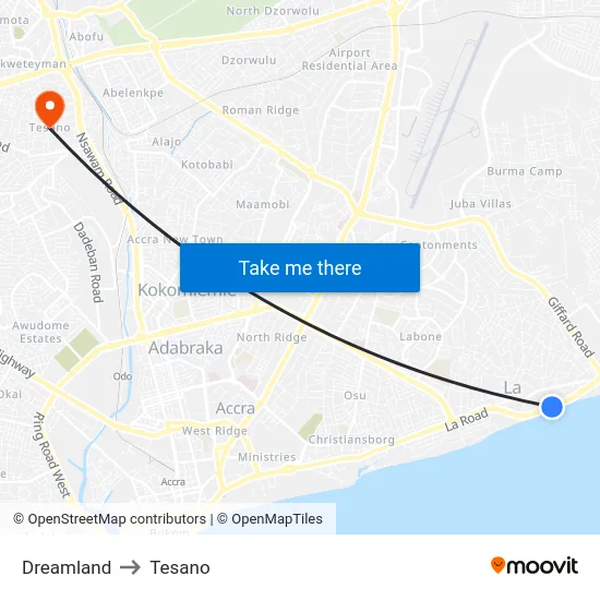 Dreamland to Tesano map