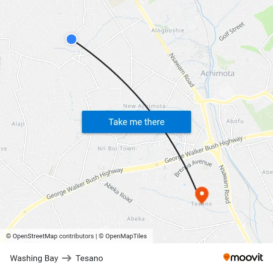 Washing Bay to Tesano map