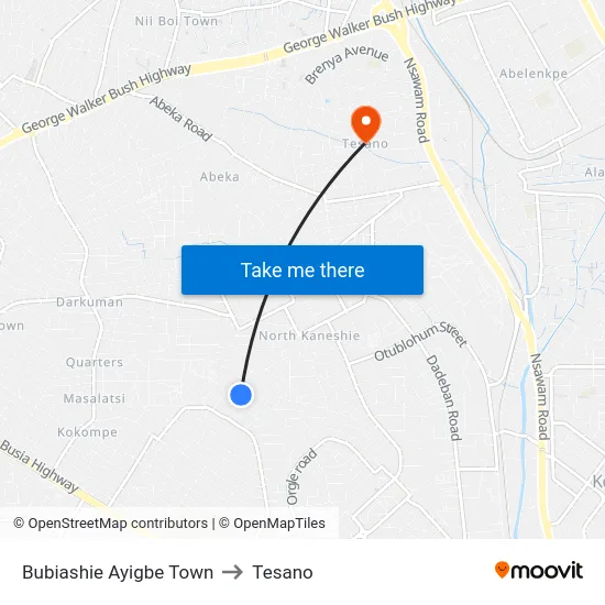 Bubiashie Ayigbe Town to Tesano map