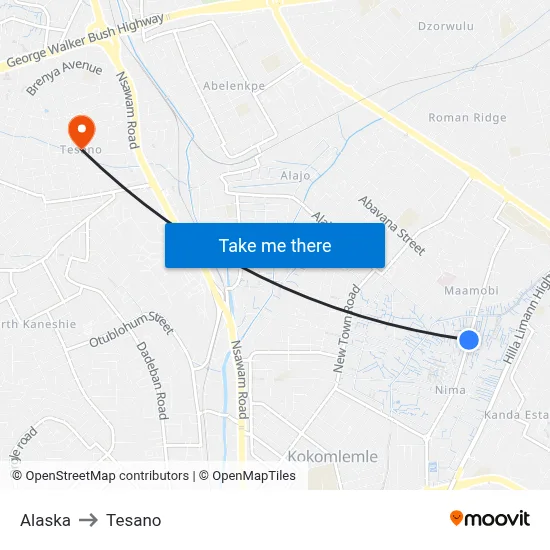 Alaska to Tesano map