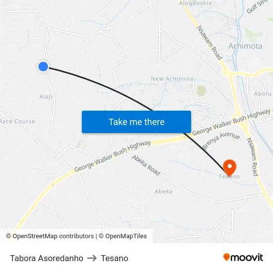 Tabora Asoredanho to Tesano map