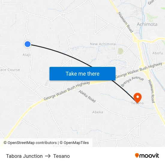Tabora Junction to Tesano map