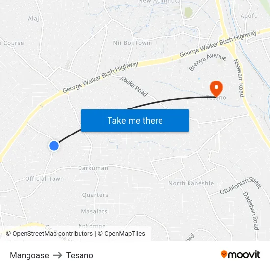 Mangoase to Tesano map
