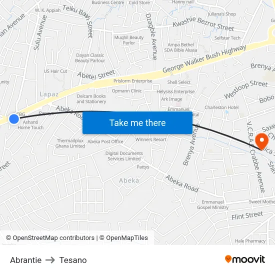 Abrantie to Tesano map