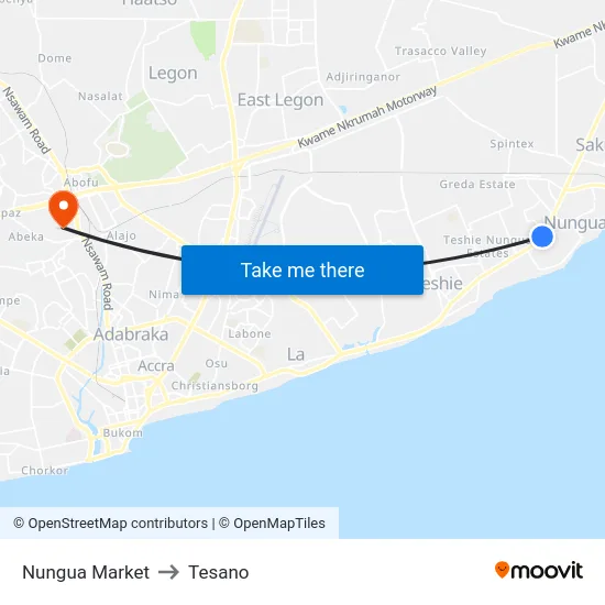 Nungua Market to Tesano map
