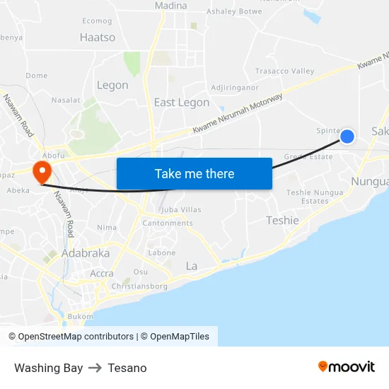Washing Bay to Tesano map