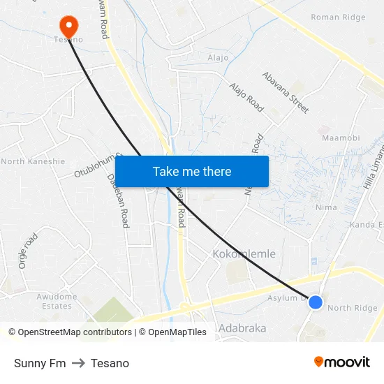Sunny Fm to Tesano map
