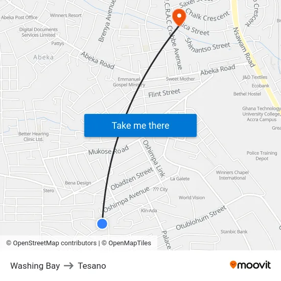 Washing Bay to Tesano map