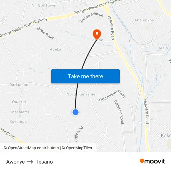 Awonye to Tesano map