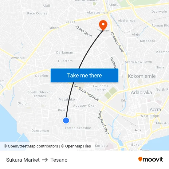 Sukura Market to Tesano map