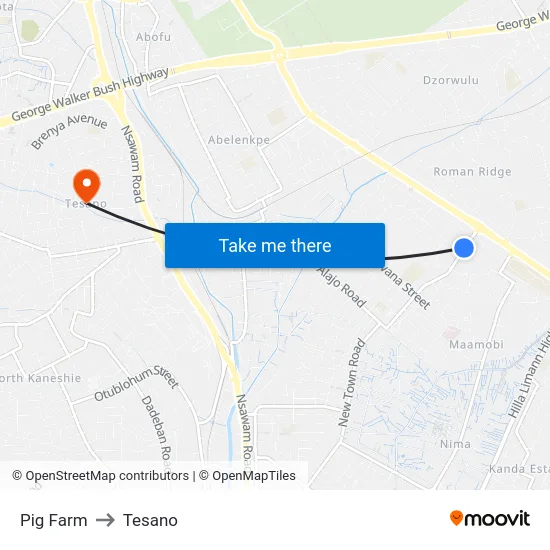 Pig Farm to Tesano map