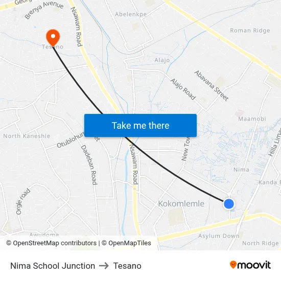 Nima School Junction to Tesano map