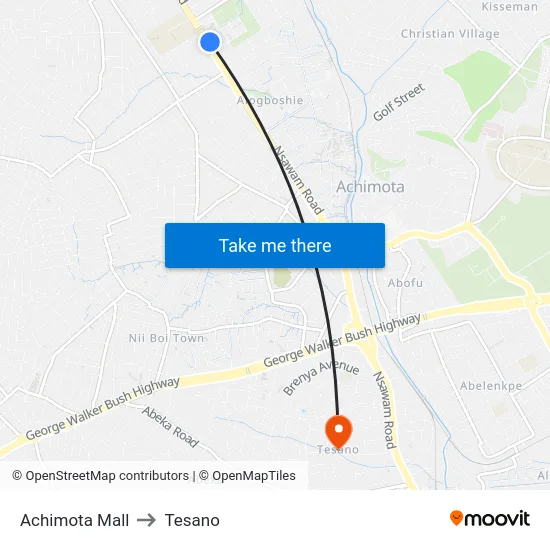 Achimota Mall to Tesano map