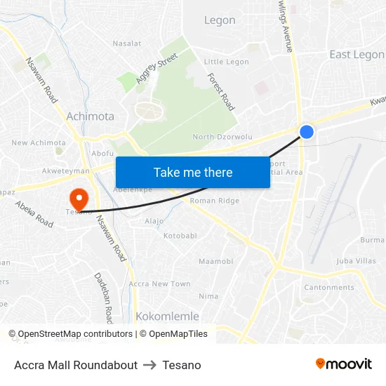 Accra Mall Roundabout to Tesano map