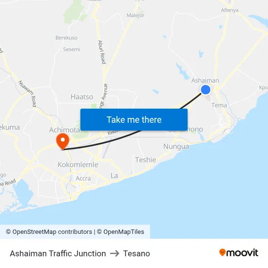 Ashaiman Traffic Junction to Tesano map