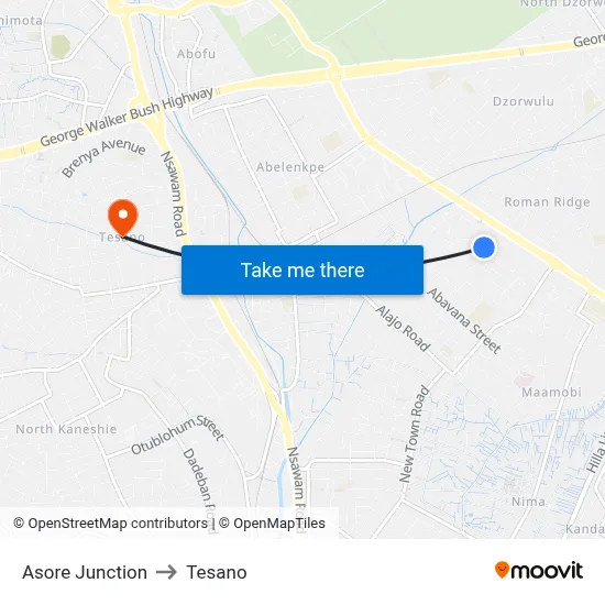 Asore Junction to Tesano map