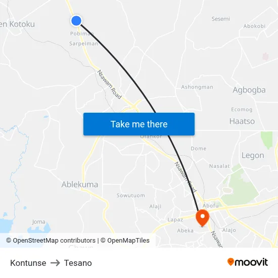 Kontunse to Tesano map