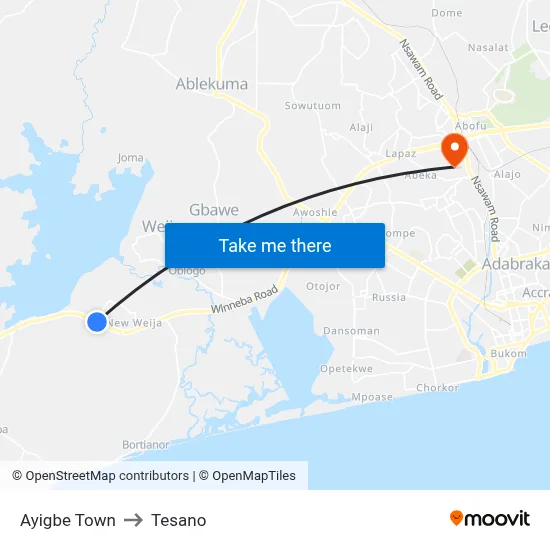Ayigbe Town to Tesano map