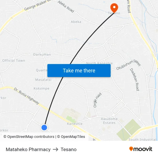 Mataheko Pharmacy to Tesano map