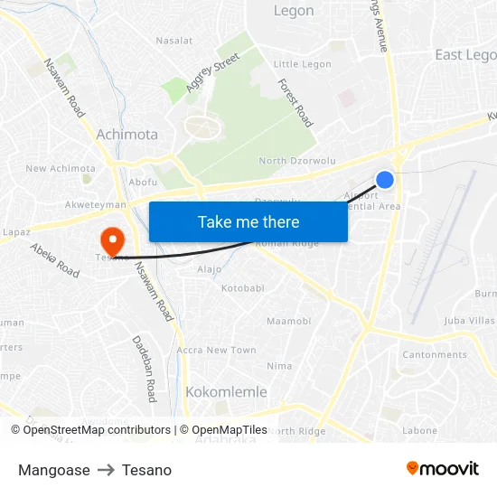 Mangoase to Tesano map