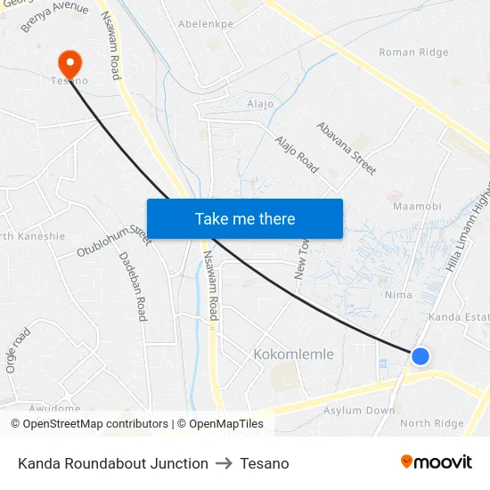 Kanda Roundabout Junction to Tesano map