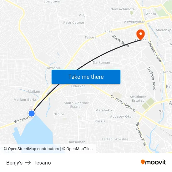 Benjy's to Tesano map