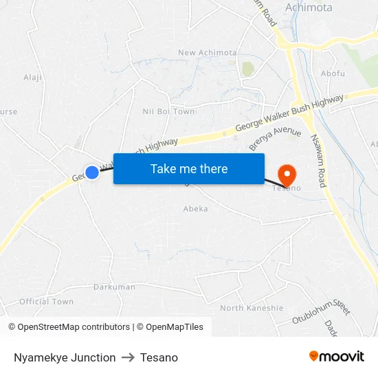 Nyamekye Junction to Tesano map