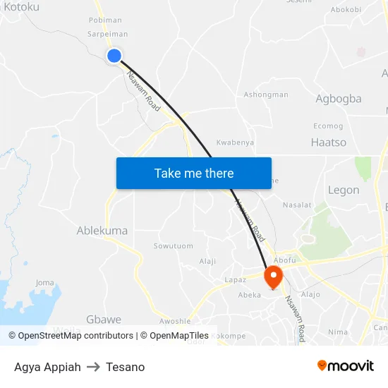 Agya Appiah to Tesano map