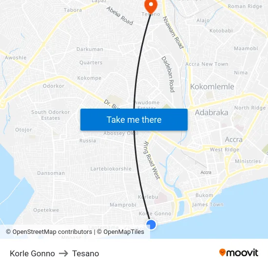 Korle Gonno to Tesano map