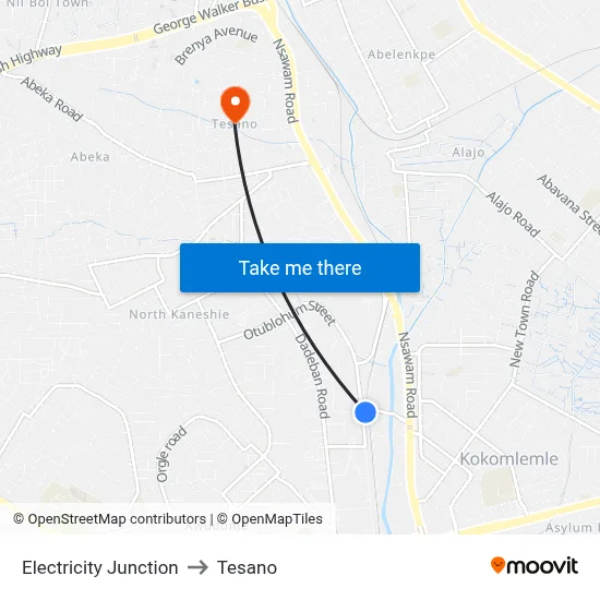 Electricity Junction to Tesano map
