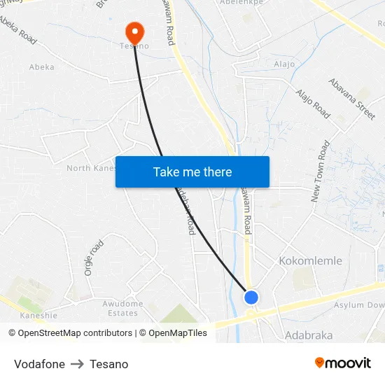 Vodafone to Tesano map
