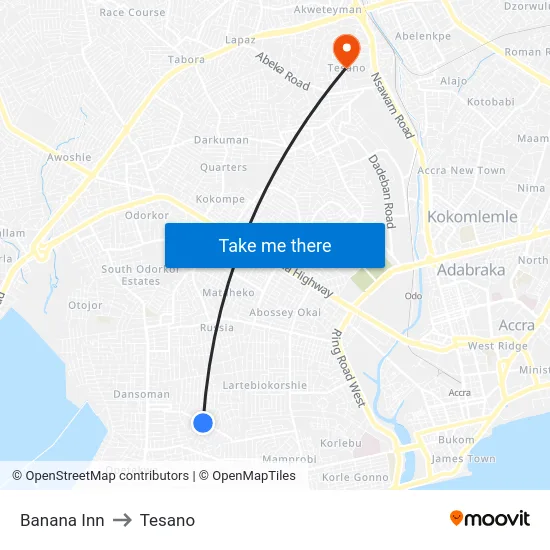 Banana Inn to Tesano map