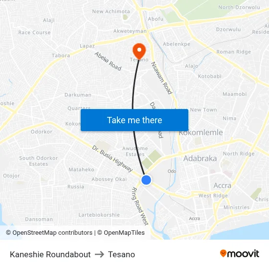 Kaneshie Roundabout to Tesano map