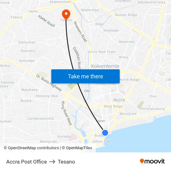 Accra Post Office to Tesano map