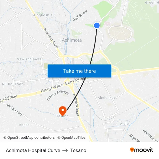 Achimota Hospital Curve to Tesano map