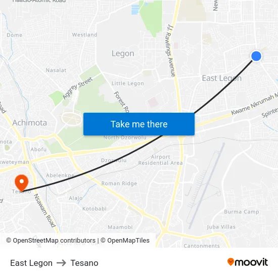 East Legon to Tesano map