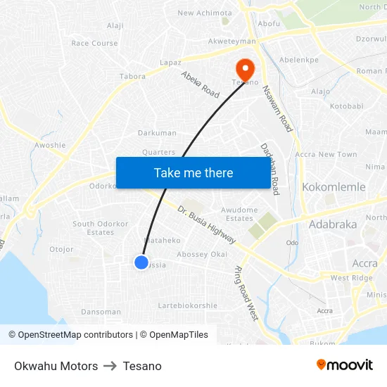Okwahu Motors to Tesano map