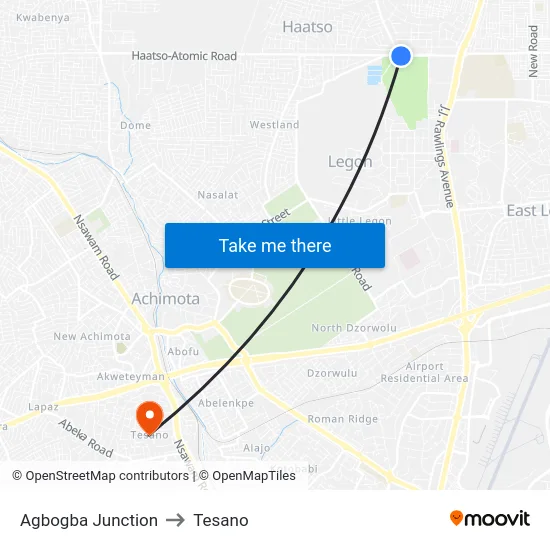 Agbogba Junction to Tesano map