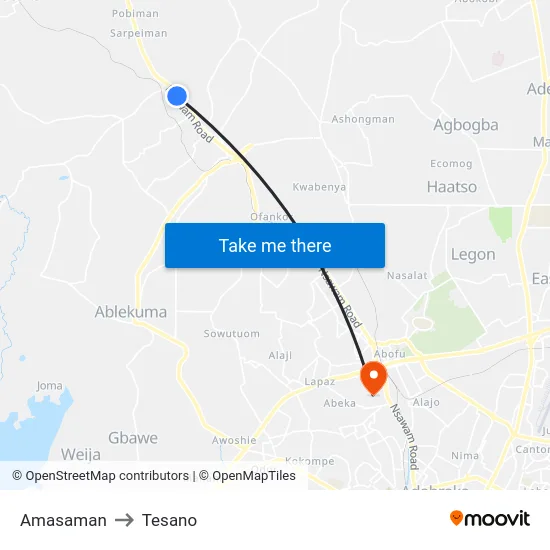 Amasaman to Tesano map