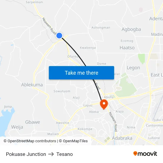 Pokuase Junction to Tesano map