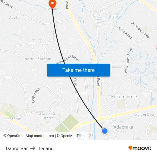 Dance Bar to Tesano map