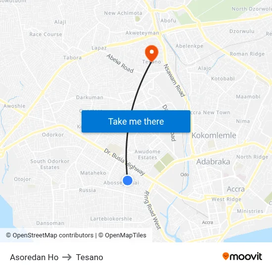 Asoredan Ho to Tesano map