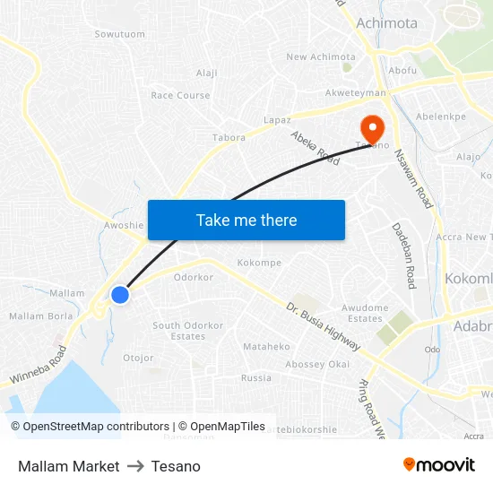 Mallam Market to Tesano map