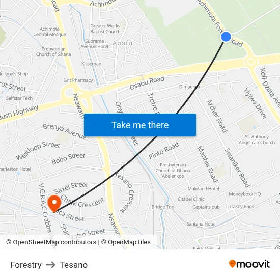Forestry to Tesano map