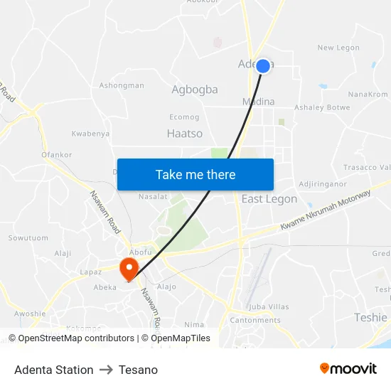 Adenta Station to Tesano map