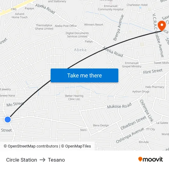 Circle Station to Tesano map