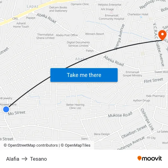 Alafia to Tesano map